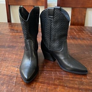 STEVE MADDEN VTG. Western Basketweave Block Heel Leather Boots Black Size 37